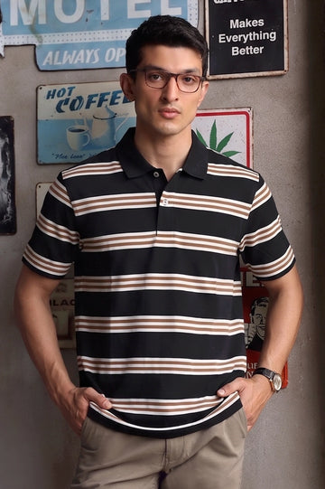 Black Yarn-Dyed Striped Polo Shirt