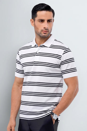 White Yarn-Dyed Striped Polo Shirt