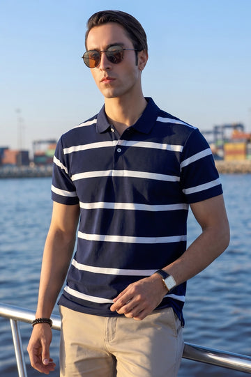 Navy Blue Striped Polo Shirt