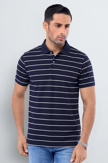 Navy Blue Striped Polo Shirt