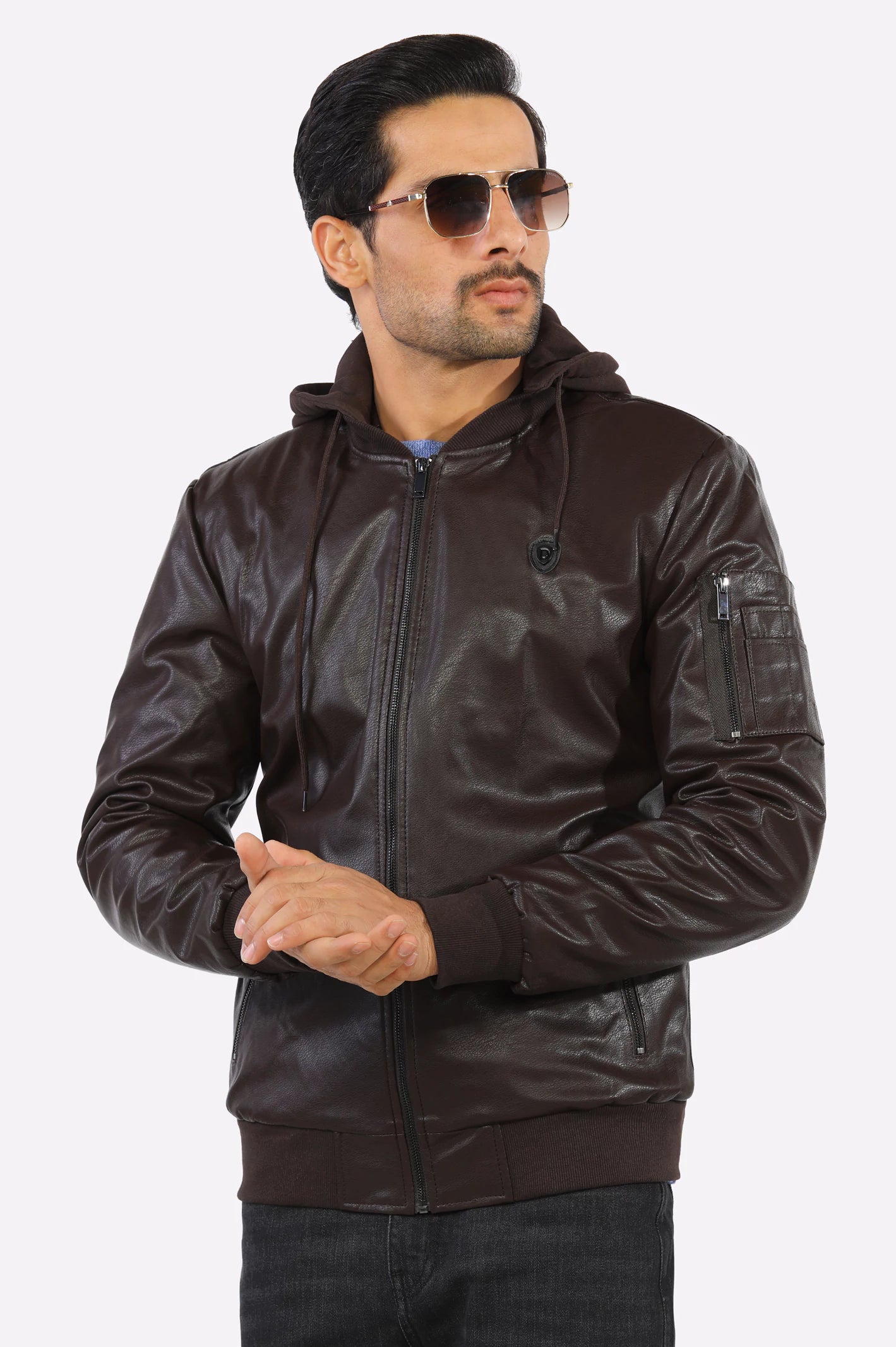 Dark Brown Hooded Leather Jacket 