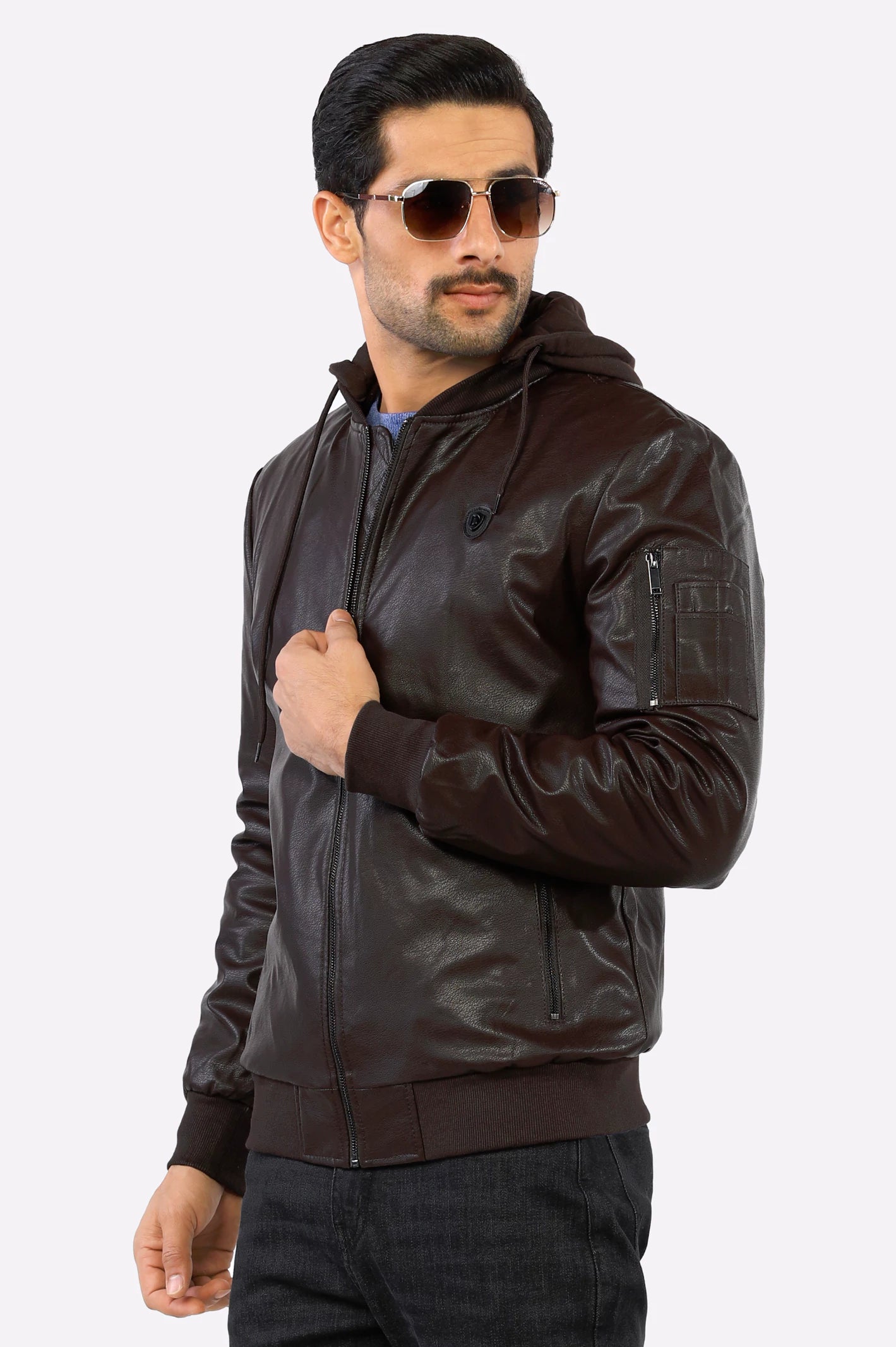 Mens Dark Brown Leather Jacket with Hooded