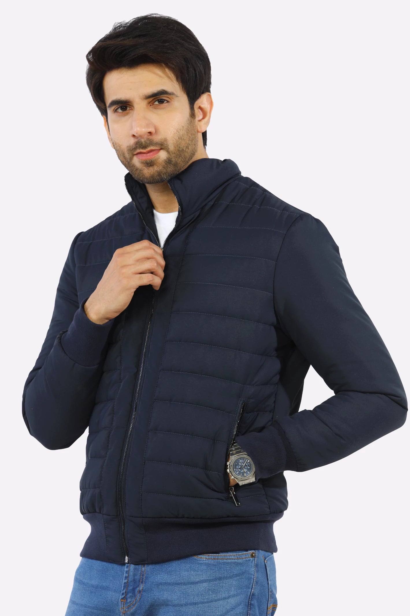 Navy Blue Full Sleeve Puffer Jacket From Diners