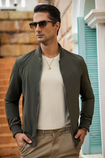 Full-Zip Bomber Jacket with Mock Collar