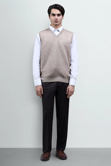 Beige Sleeveless V-Neck Sweater
