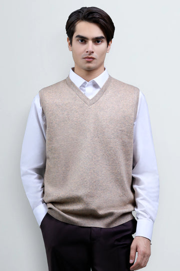 Beige Sleeveless V-Neck Sweater