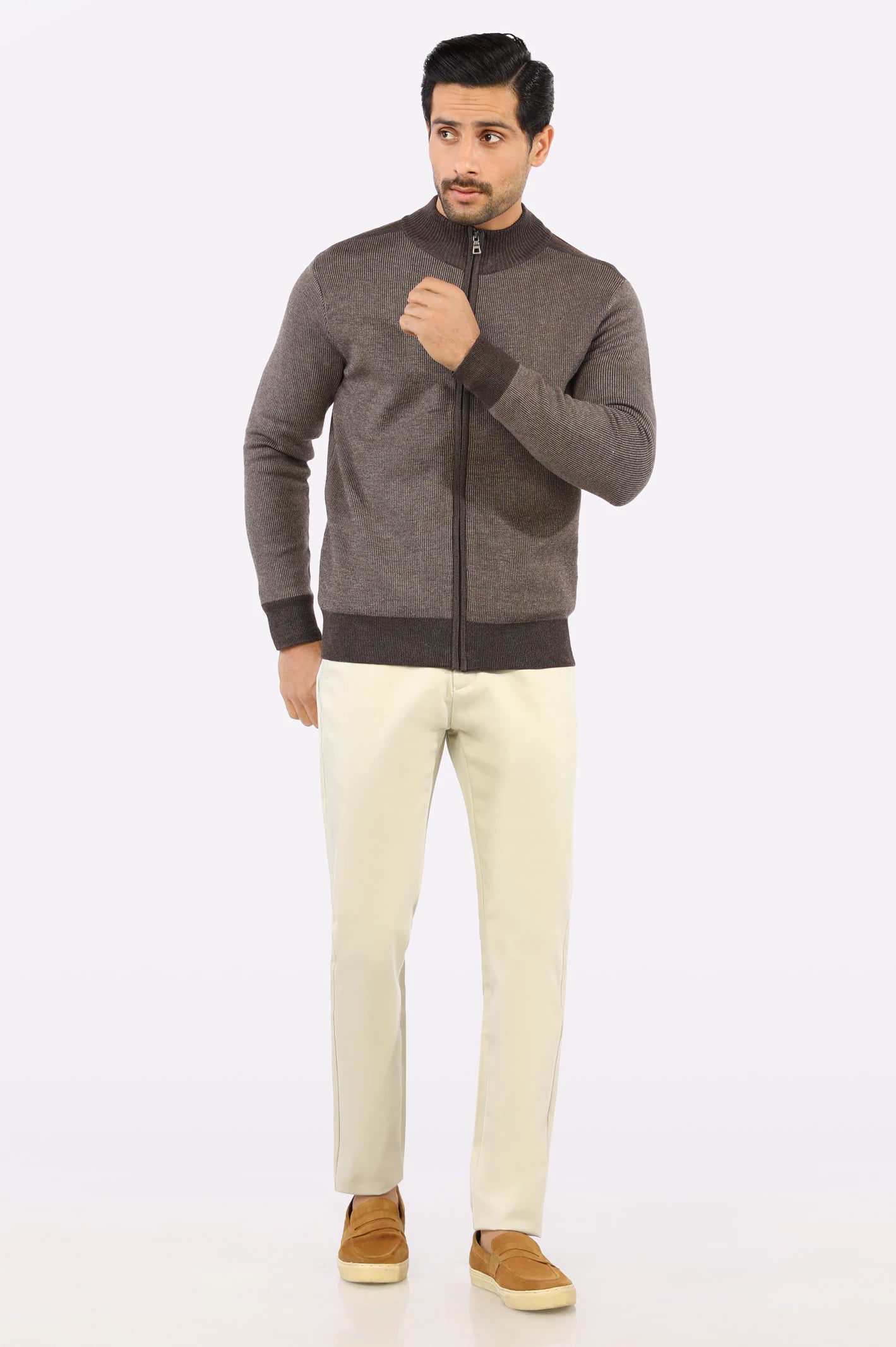 Light Brown Zip-Up Gents Sweater From Diners