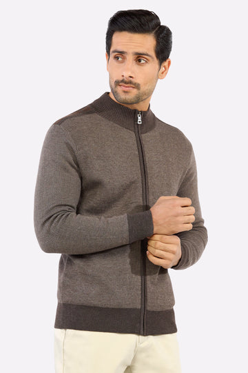 Light Brown Zip-Up Gents Sweater From Diners