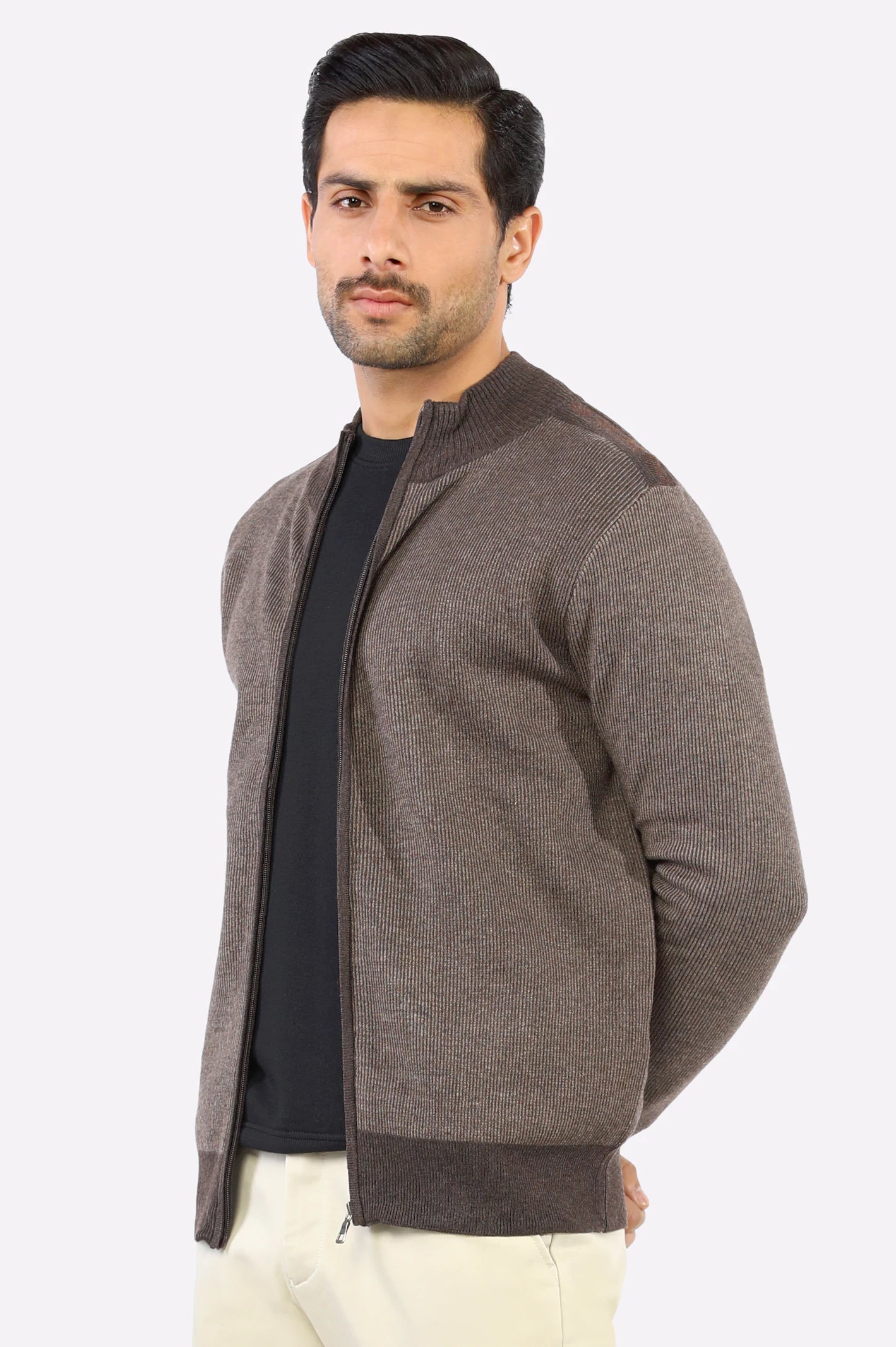 Light Brown Zip-Up Gents Sweater From Diners