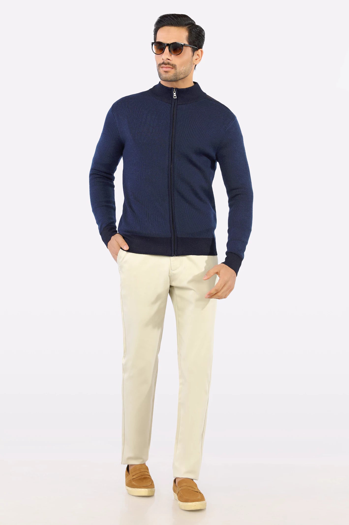 Navy Blue Zip-Up Gents Sweater From Diners