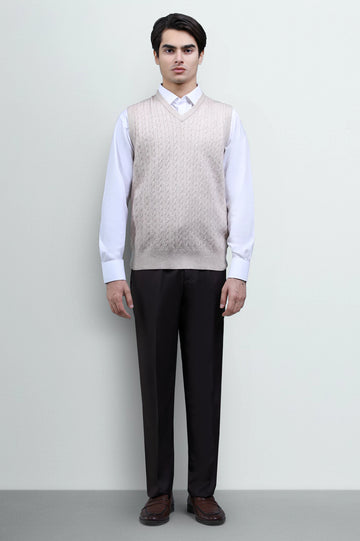Men V-neck Light Fawn Sleeveless Sweater