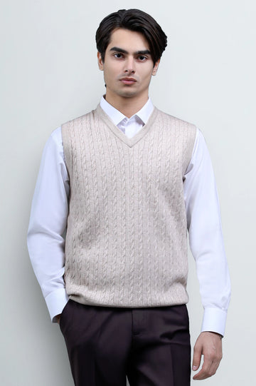 Men V-neck Light Fawn Sleeveless Sweater