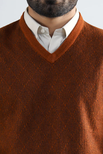 Men V-neck Rust Sleeveless Sweater