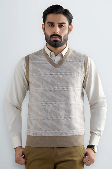 Men V-neck Beige Sleeveless Sweater
