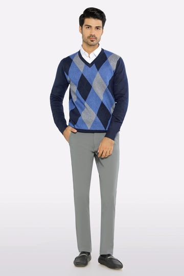 Men V-Neck Dark Blue Sleeves Sweater