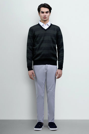Men V-neck Green Sleeves Sweater
