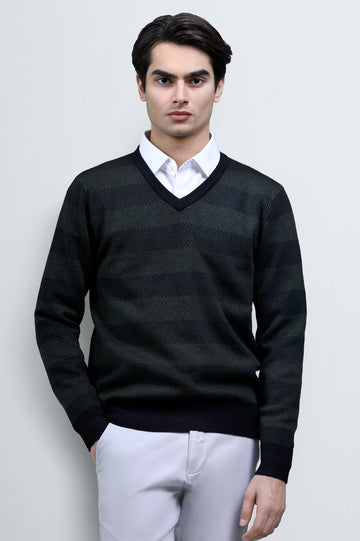 Men V-neck Green Sleeves Sweater