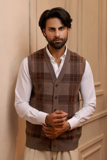 Men Sleeveless Light Brown Cardigan