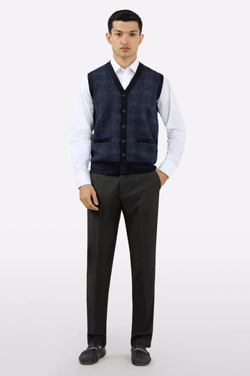 Men Dark Blue Sleeveless Cardigan