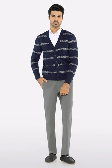 Men Full Sleeves Navy Blue Cardigan