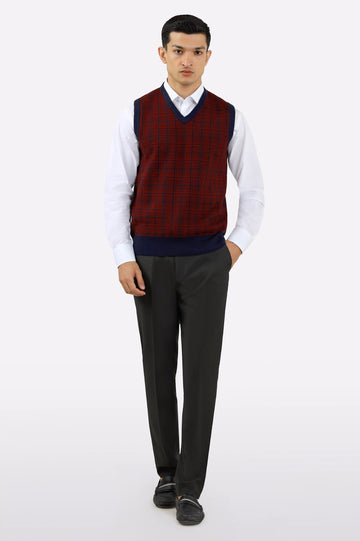 Men V-Neck Maroon Sleeveless Sweater