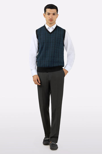 Men V-Neck Teal Sleeveless Sweater