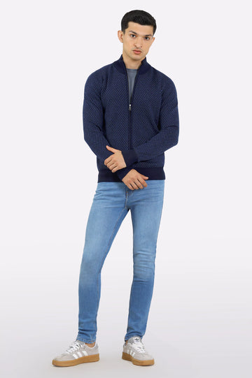 Men Dark Blue Zipper Cardigan