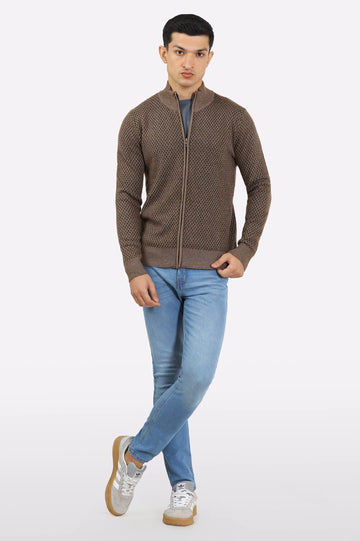 Men Dark Brown Zipper Cardigan
