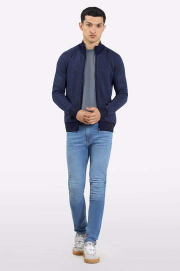 Men Dark Blue Zipper Cardigan