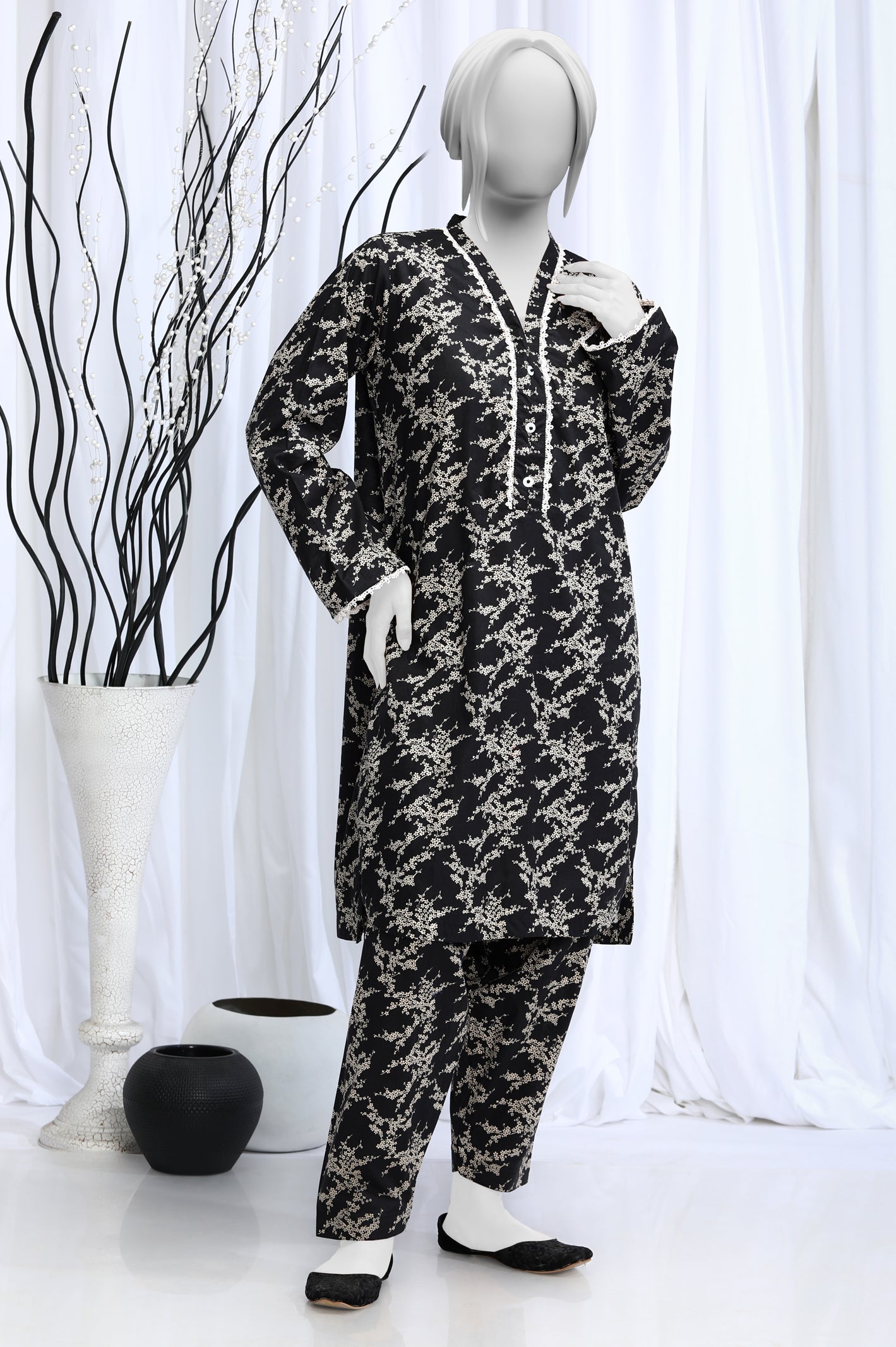 2PC Cambric Printed Black Suit From Diners