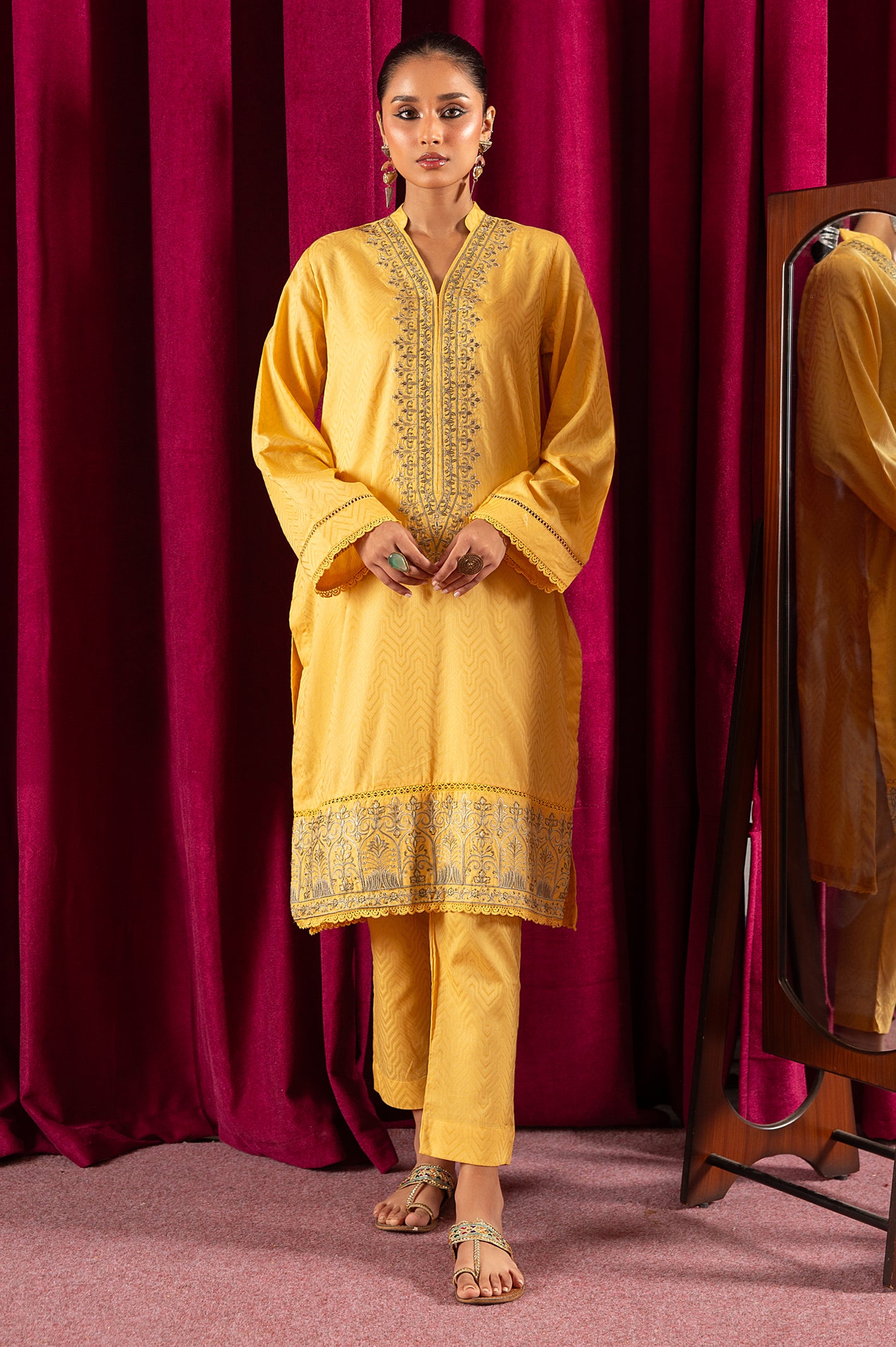 2PC Yellow Embroidered Suit From Diners