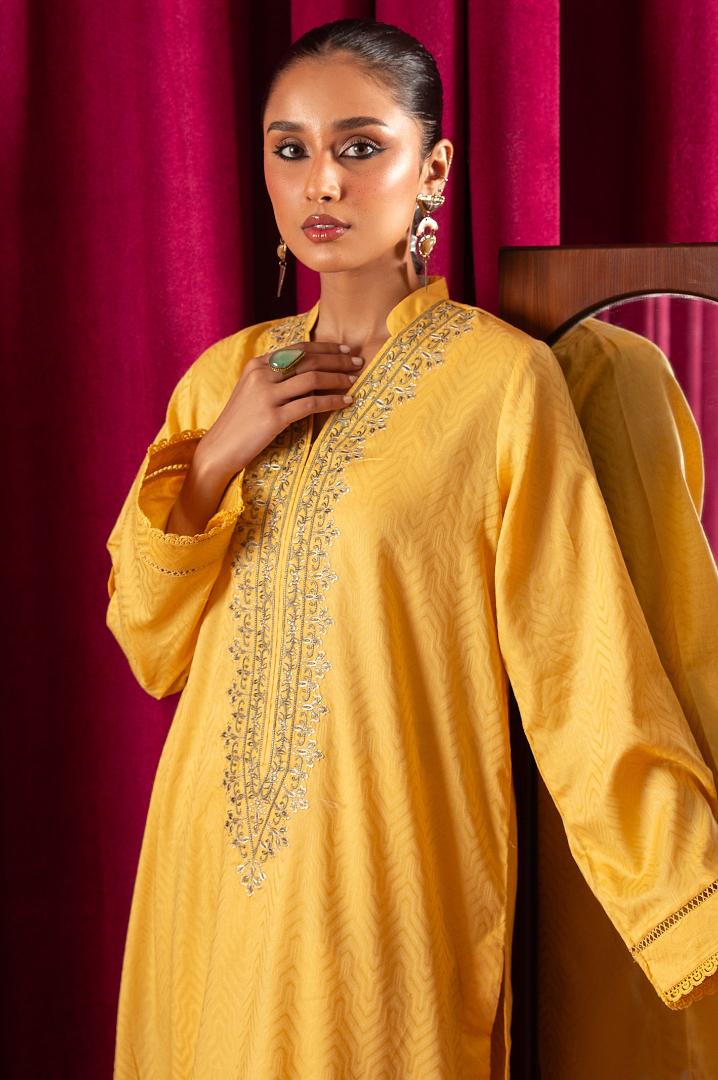 2PC Yellow Embroidered Suit From Diners