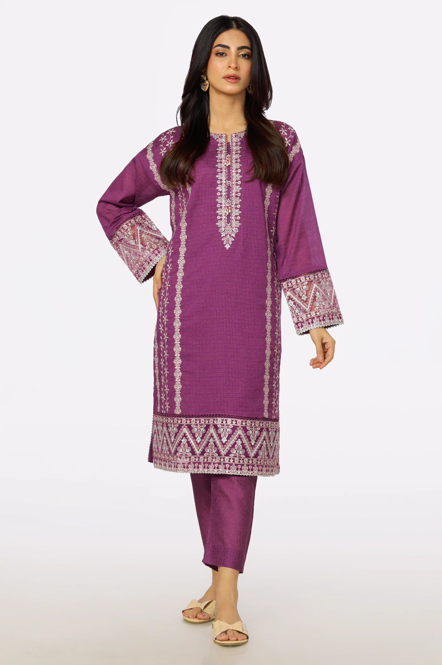 Magenta Slub Embroidered 2PC Suit From Diners