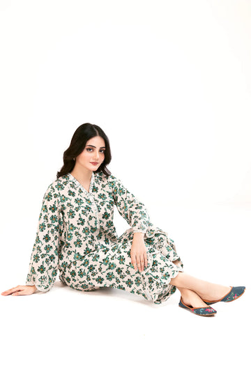 Beige Printed Embroidered 2PC