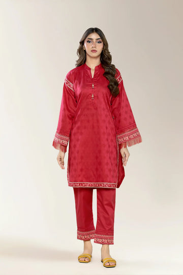 Embroidered Cotton Jacquard Red 2PC