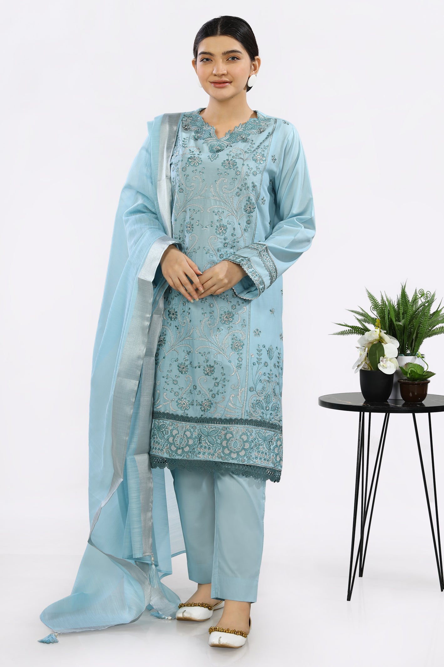3PC Embroidered Sky Blue Suit From Diners