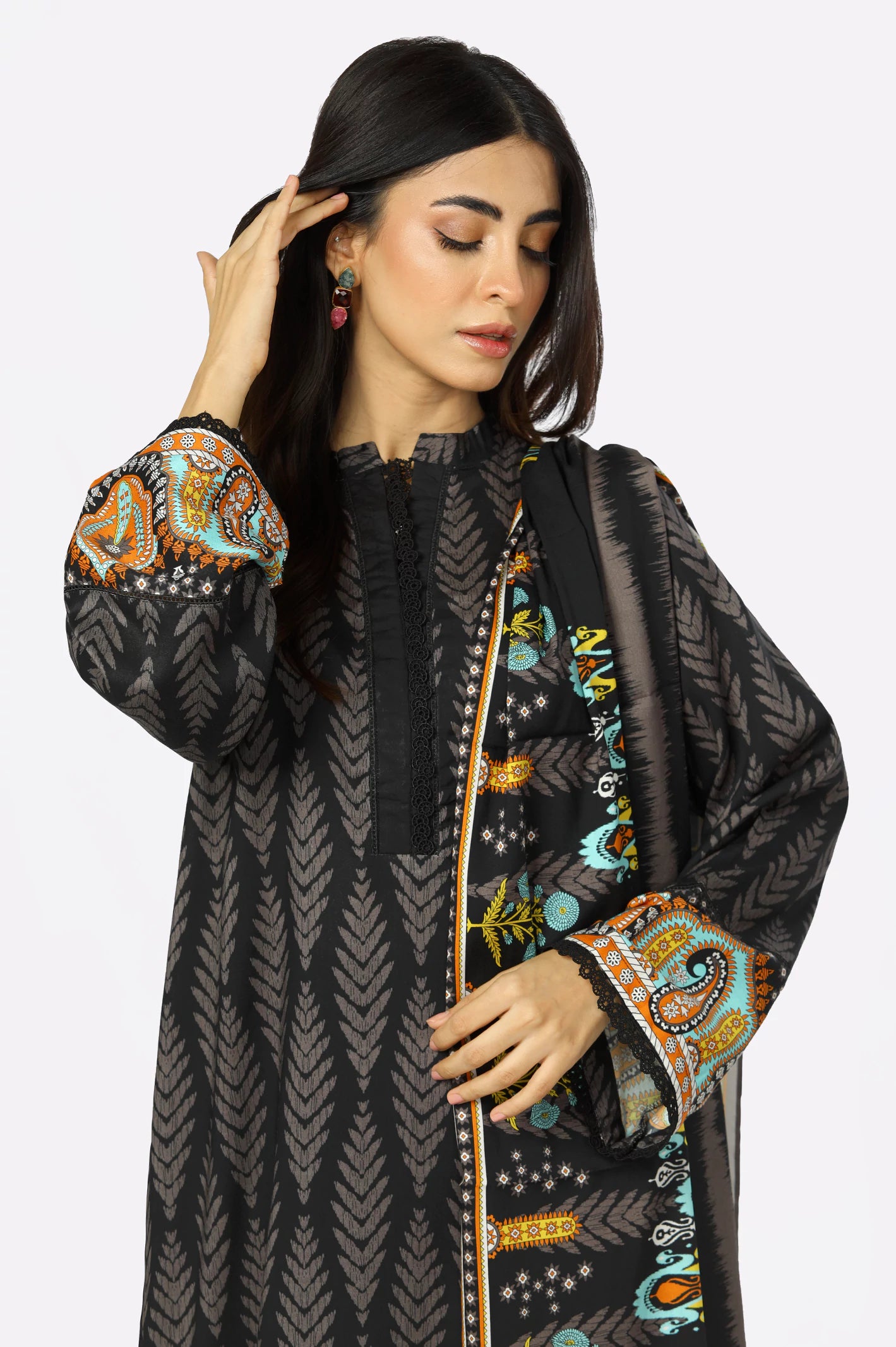 Black Viscose Printed 3PC Suit From Diners