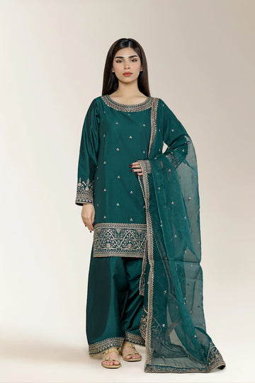Embroidered Cotton Green 3PC
