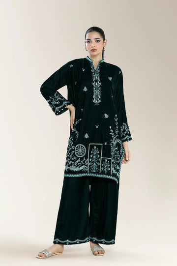 Dyed Embroidered Velvet-Bottle Green 2PC