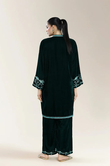 Dyed Embroidered Velvet-Bottle Green 2PC