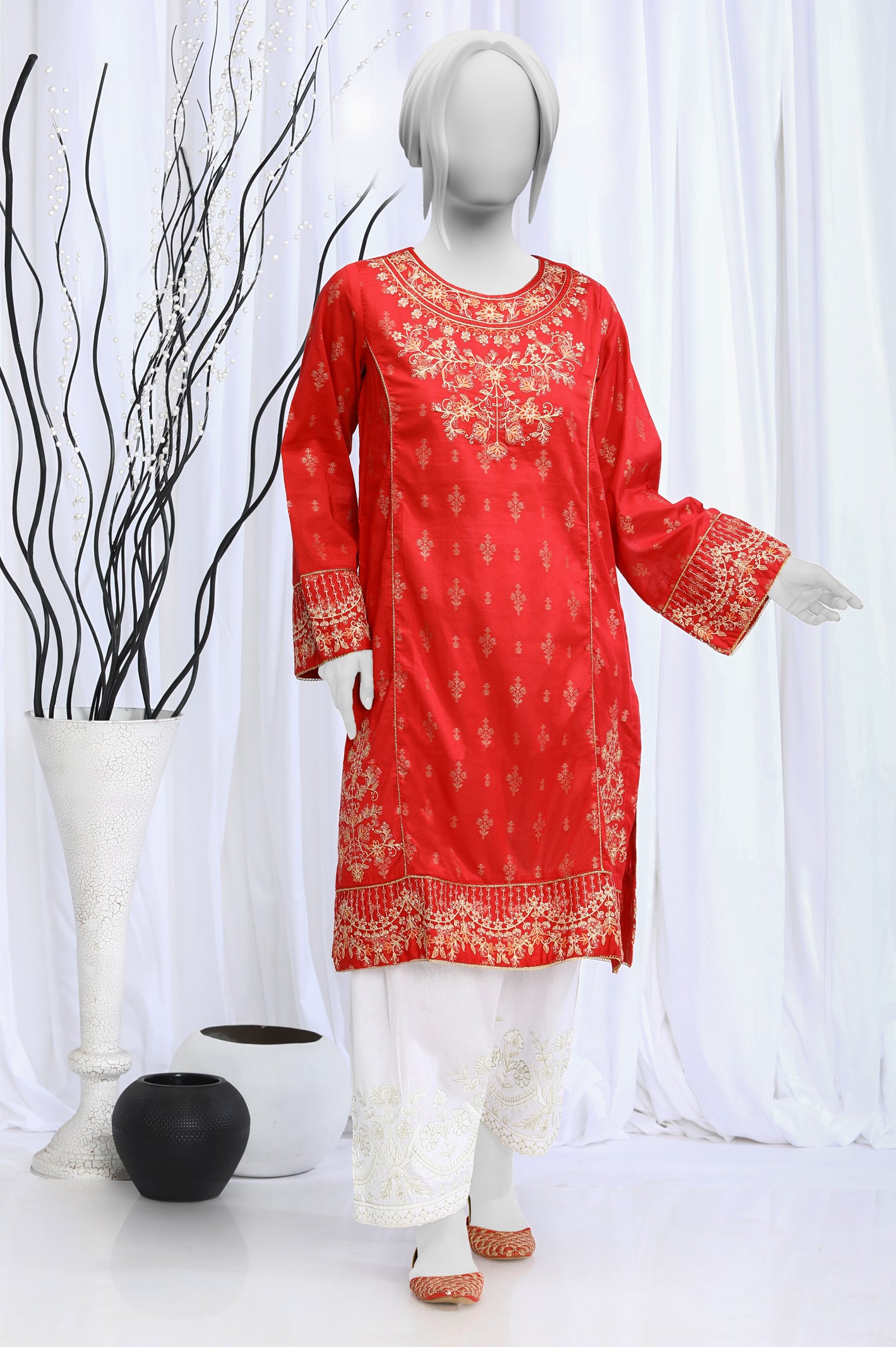 Jacquard Embroidered Red Kurti From Diners