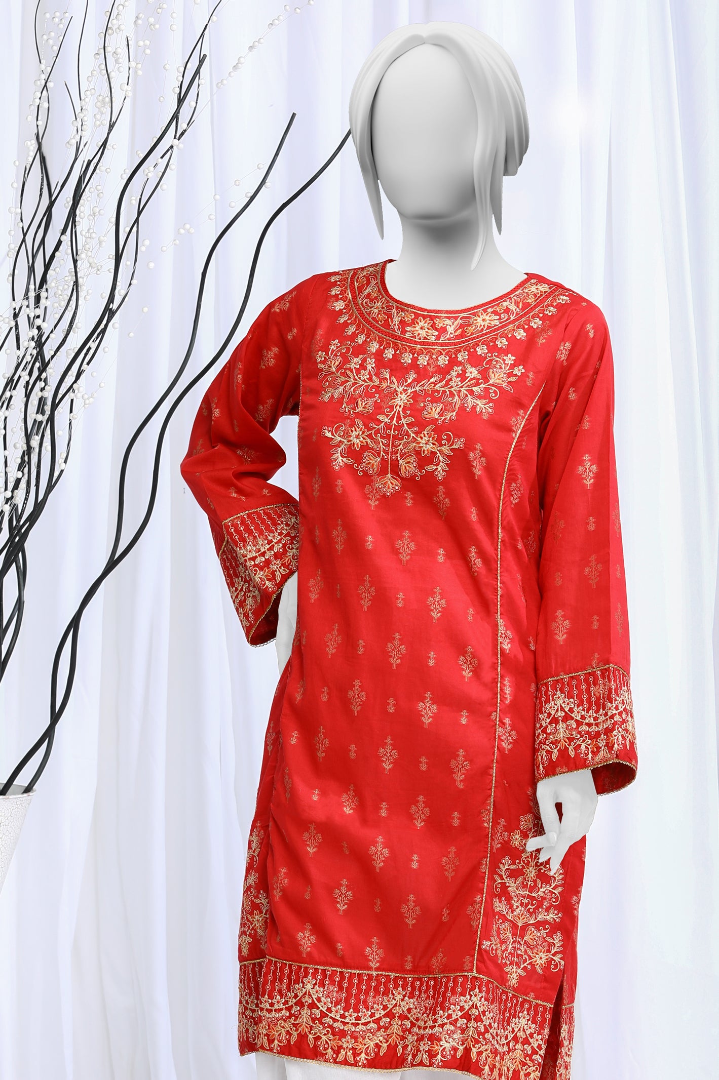 Jacquard Embroidered Red Kurti From Diners