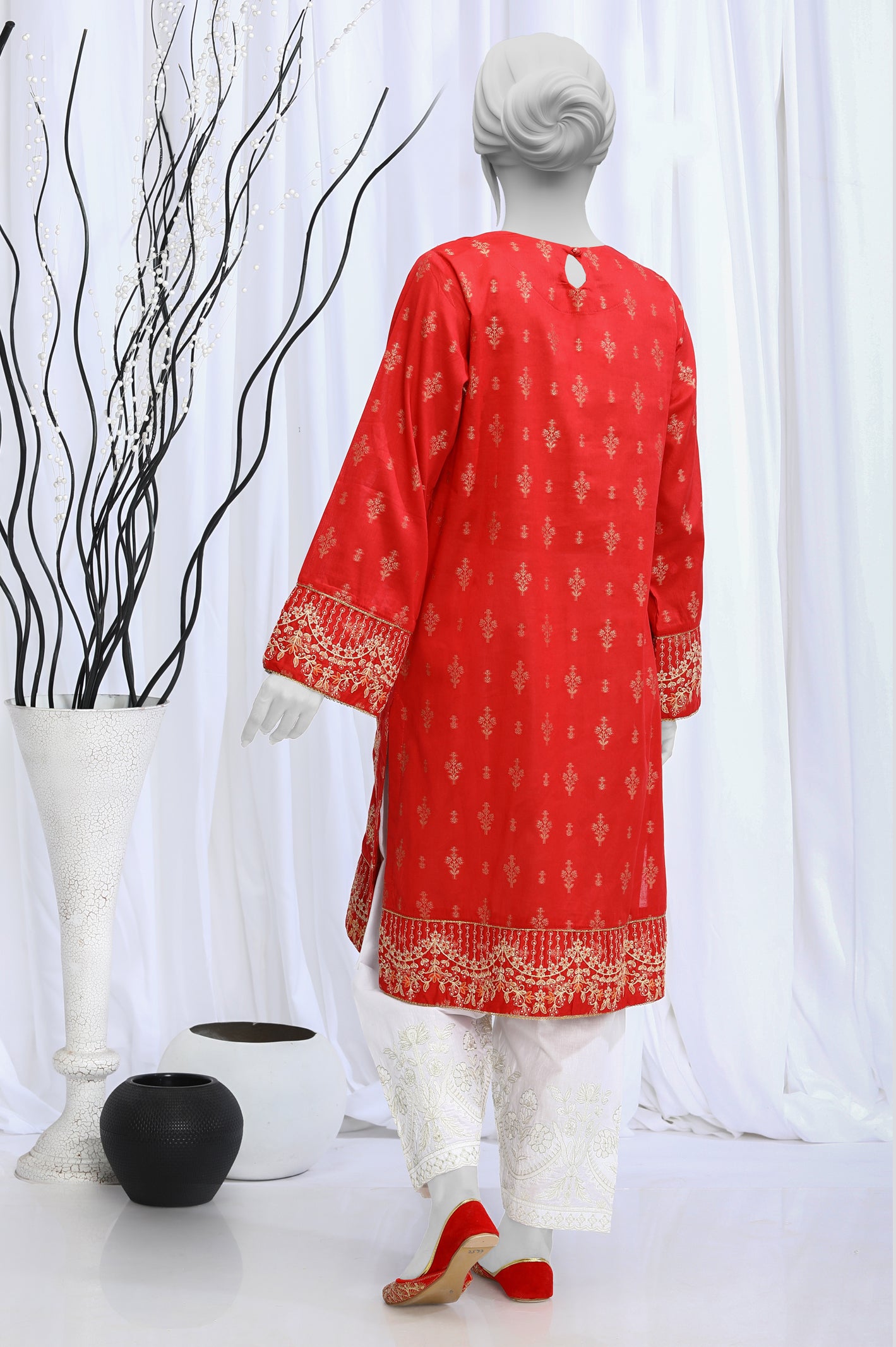 Jacquard Embroidered Red Kurti From Diners