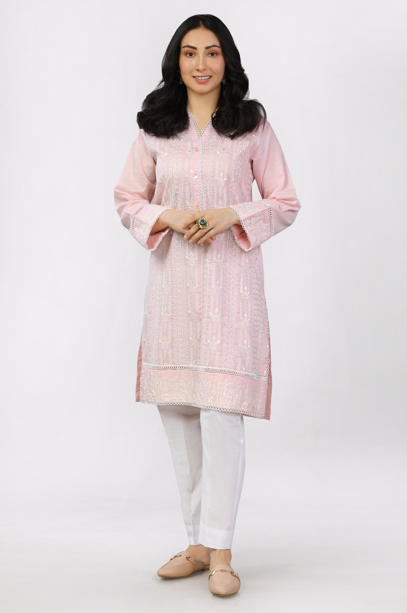 Pink Dyed Embroidered Kurti From Diners