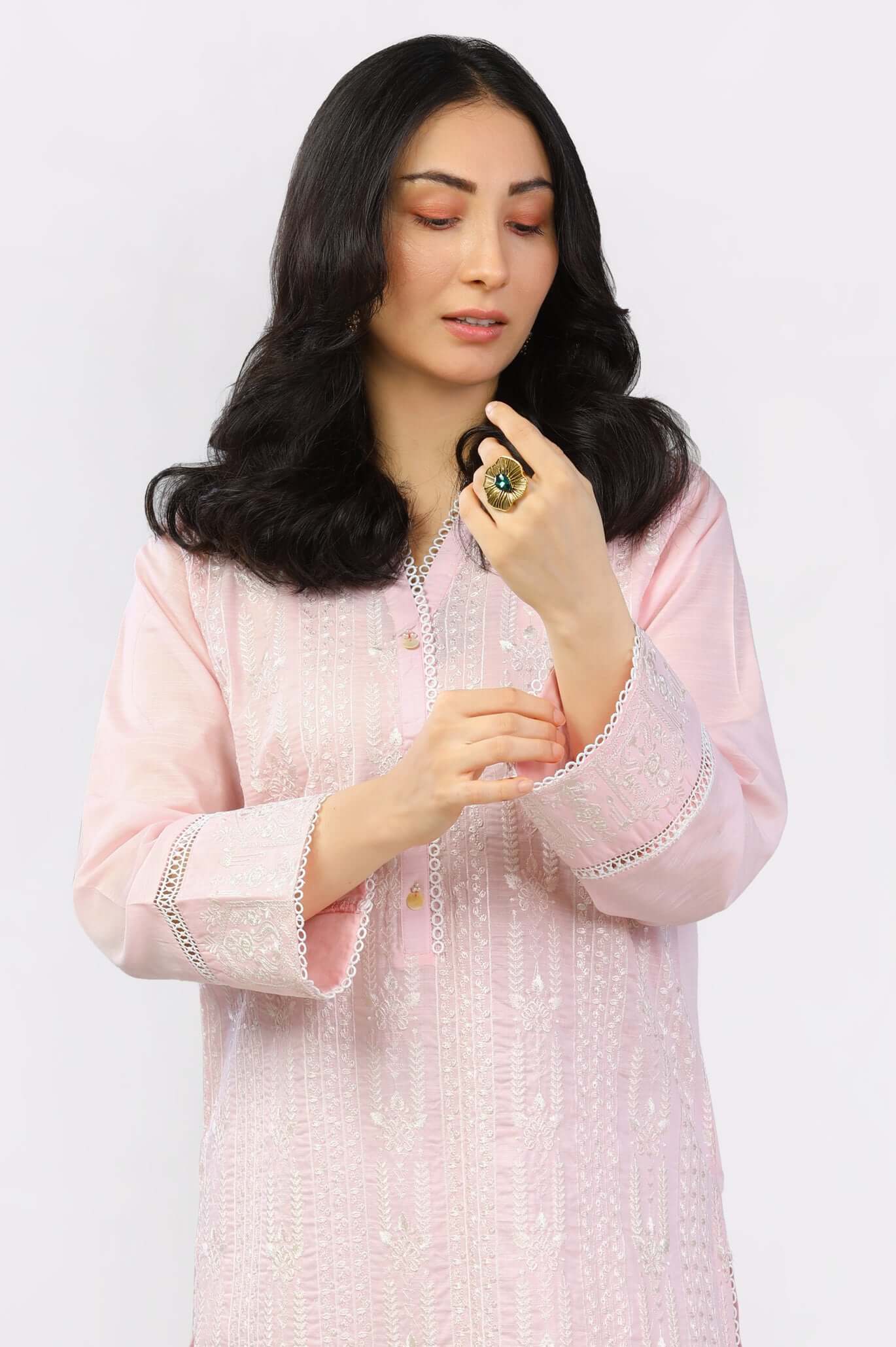 Pink Dyed Embroidered Kurti From Diners