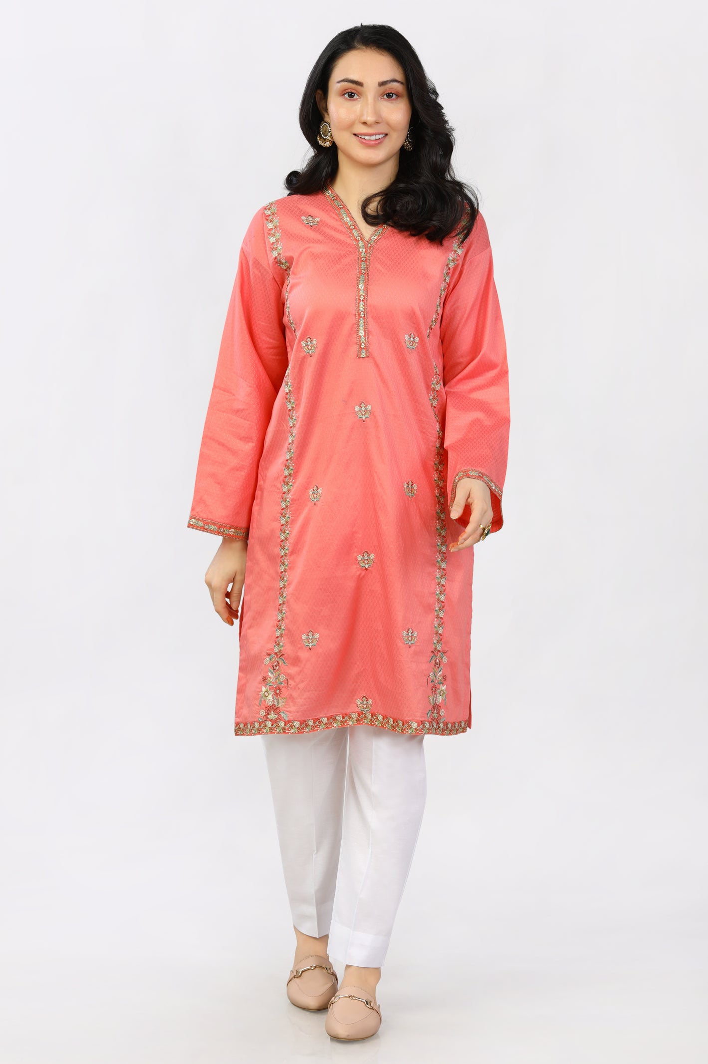 Peach Dyed Embroidered Kurti From Diners