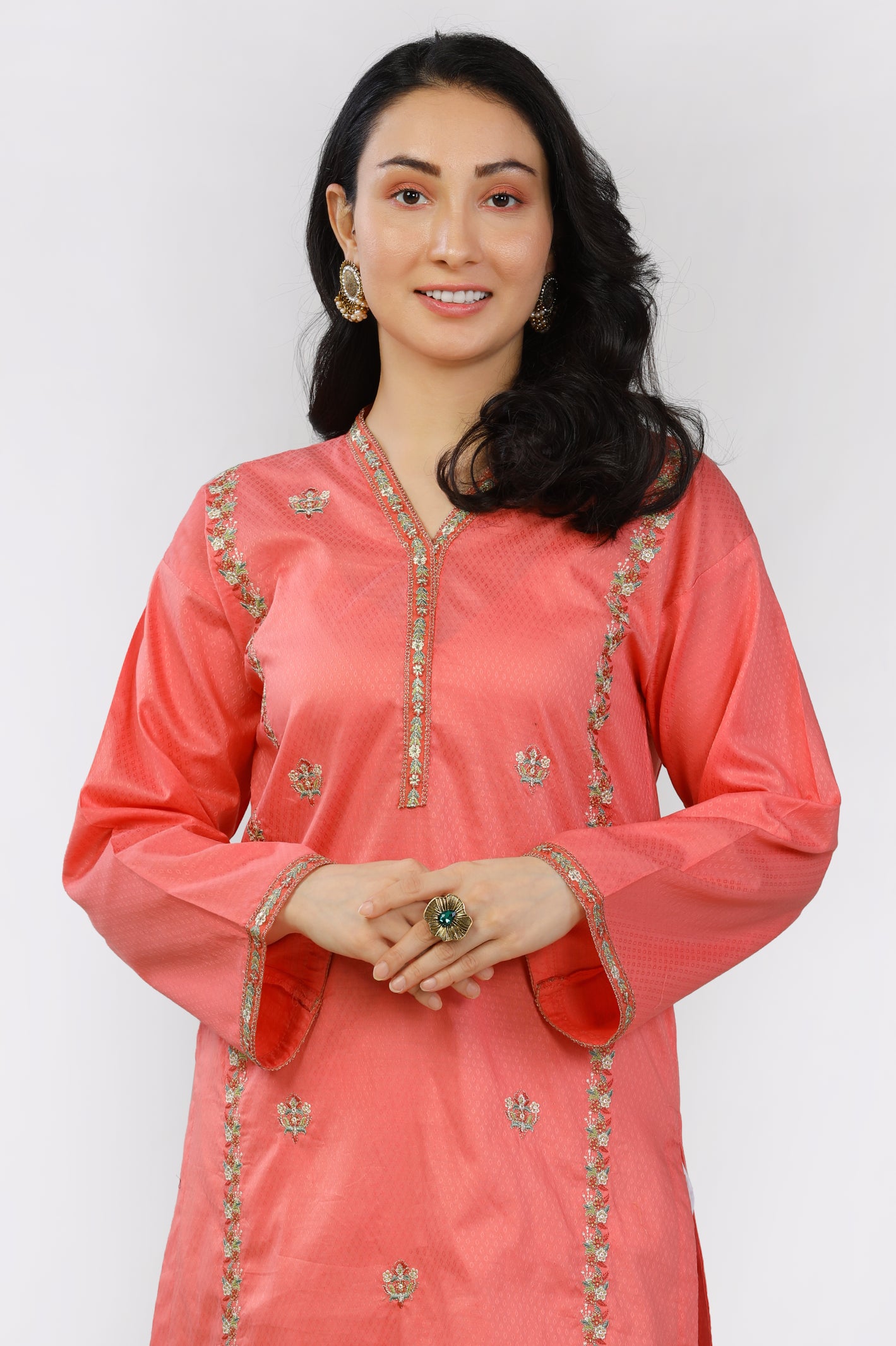 Peach Dyed Embroidered Kurti From Diners