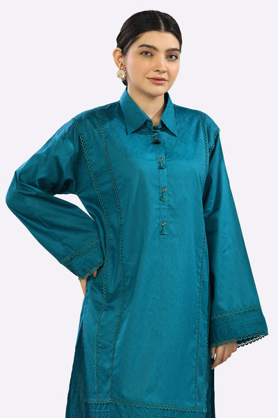 Solid Teal Jacquard Kurti From Diners