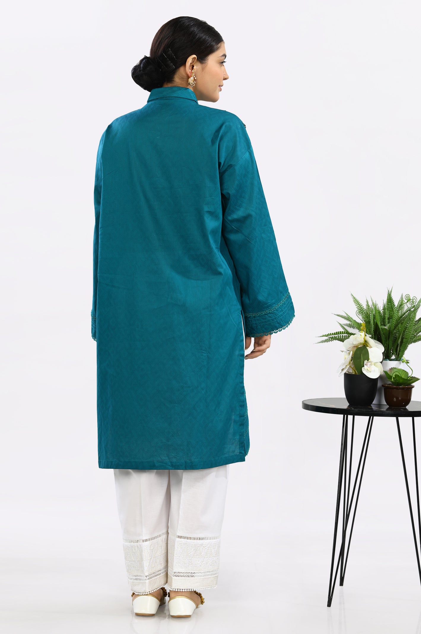 Solid Teal Jacquard Kurti From Diners