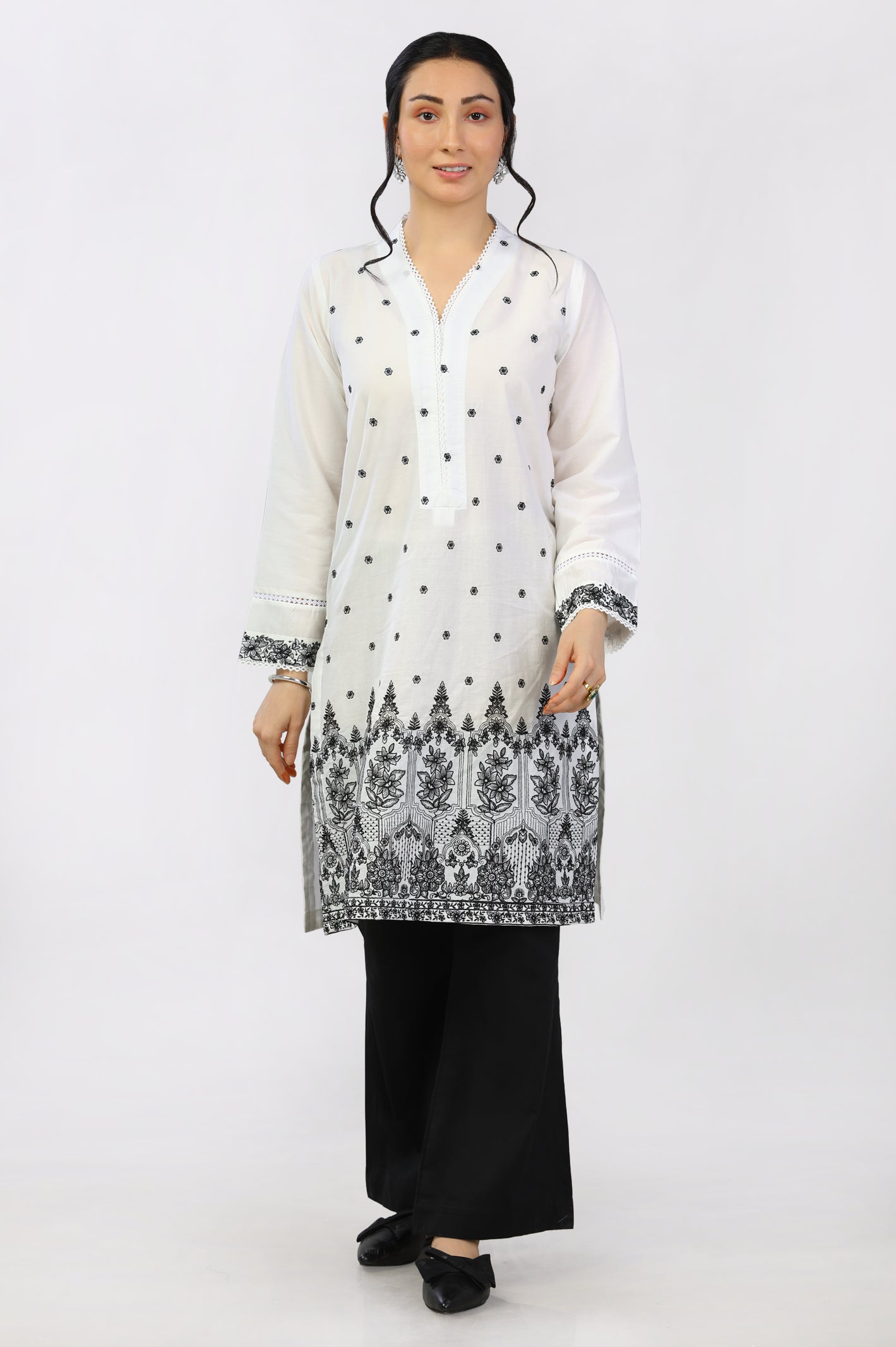 White Dyed Embroidered Kurti From Diners